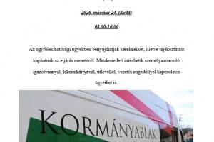 2026. 03. 24.-én, kedden 8 és 10 óra között településünkre érkezik a Kormányablak busz